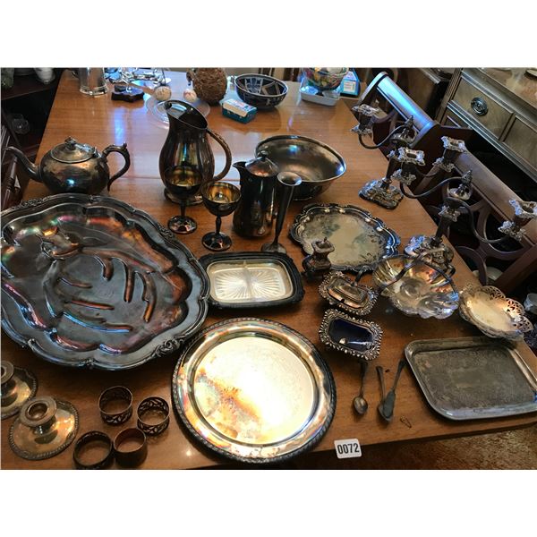 Assorted Silver – Candle Holders, Serving Dishes, Platters, Coffee Pot Etc.