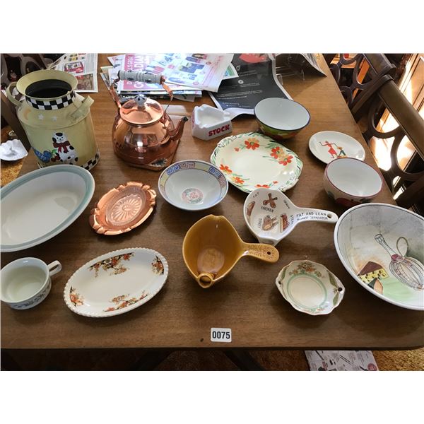 Copper Pot, Decorative Milk Jug & Assorted Dishware