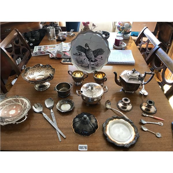 Assorted Silver Coffee Pot, Cream/Sugar Bowls, Candle Holders Etc
