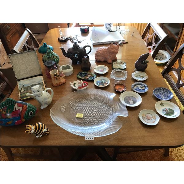 Elephant Teapot, Assorted Ashtrays , Cat/Fish Home Decor