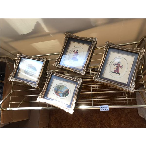 Brass Stand, 4 Oriental Framed Petit Point Wall Art