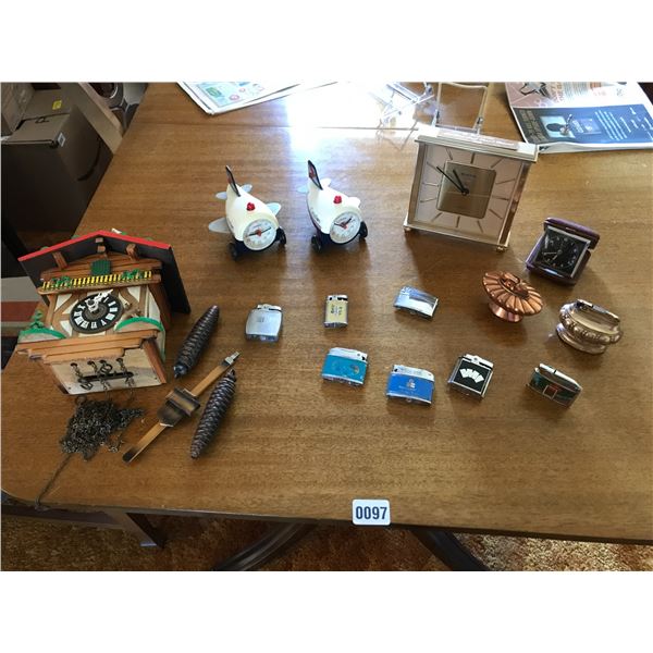 Assorted Clocks including Coo Coo Clock & Lighters