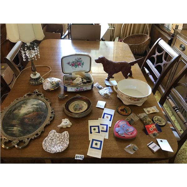 Assorted Pins, Vintage Lamps, Petit Points, Metal Golden Retriever Ornament, & Vintage Bowl