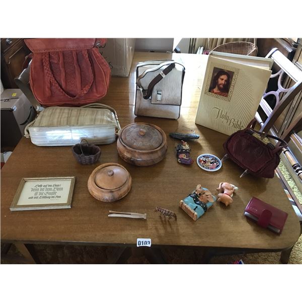 4 Vintage Purses, Wood Home Decor, Holy Bible & Pendelfin Bunny