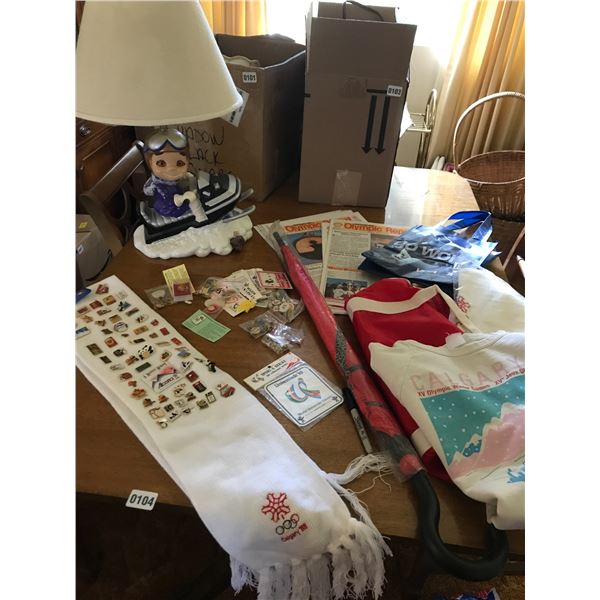 Snowmobile Lamp, 1988 Olympic Bag, Sweatshirt, Hat, Asst Pins & Umbrella