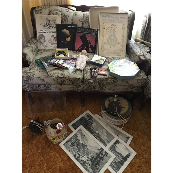 Vintage Ceiling Light, Placemats, Baby Doll, Heritage Doll Coloring Book, Asst Books/Cards Etc