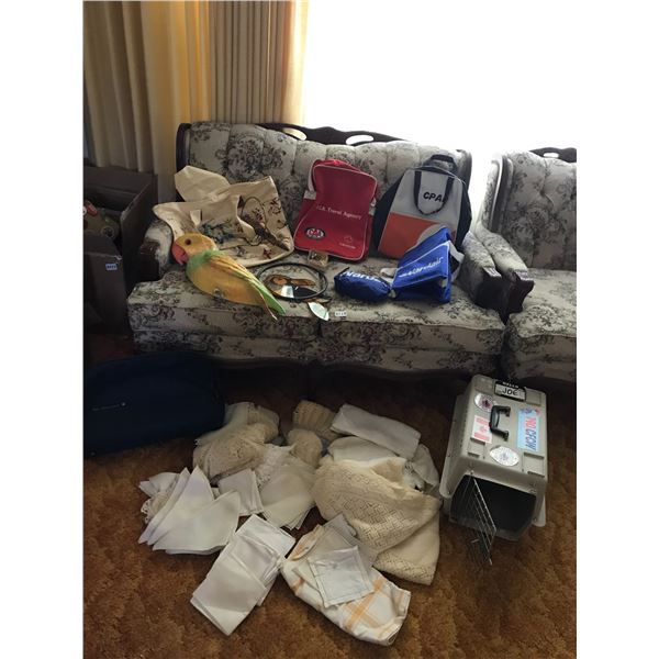 Vintage Travel Bags, Assorted Linen, Small Pet Carrier & Parrot Decoration