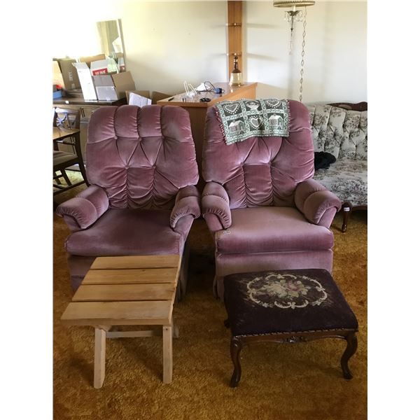 2 Vintage Side Chairs Upholstered in Rose Velvet, Burgandy Foot Stool & Wood Table