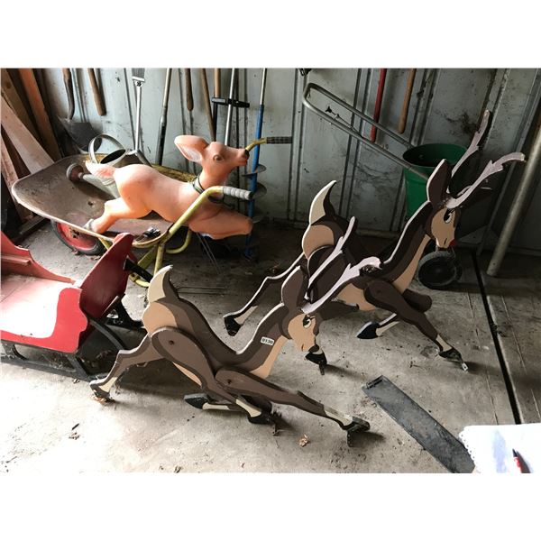 Vintage Wood Christmas Sleigh/2 Reindeer & Plastic Reindeer