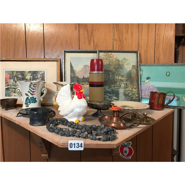 Vintage Pictures, Porcelain Rooster, Brass Decor & Asst China