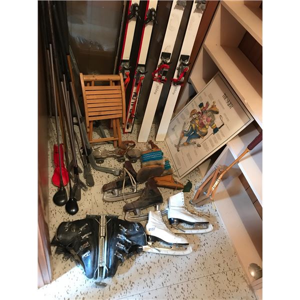 Vintage Roller Skates, Cross Country Skis, Gold Clubs and Ski Poster