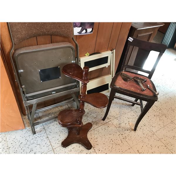 Antique Chair, Step Stool, Card Table & Plant Stand