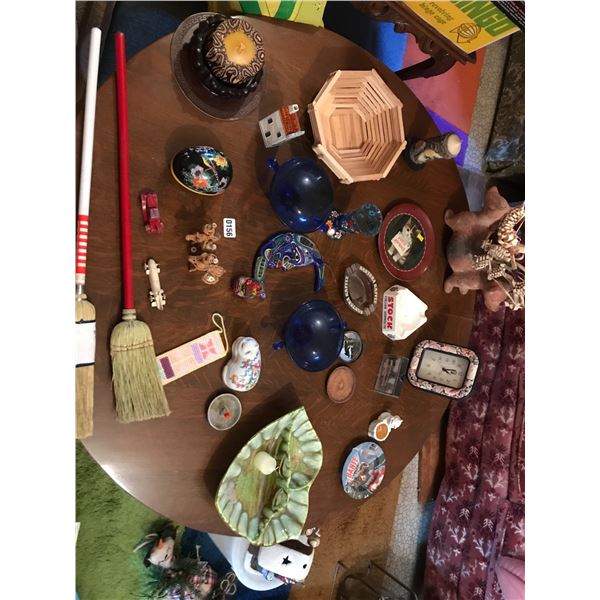 Tootsie Toy Cars, Vintage Dishes, Clock, Blue Bowls, Miniature Curling Brooms & Various Home Decor