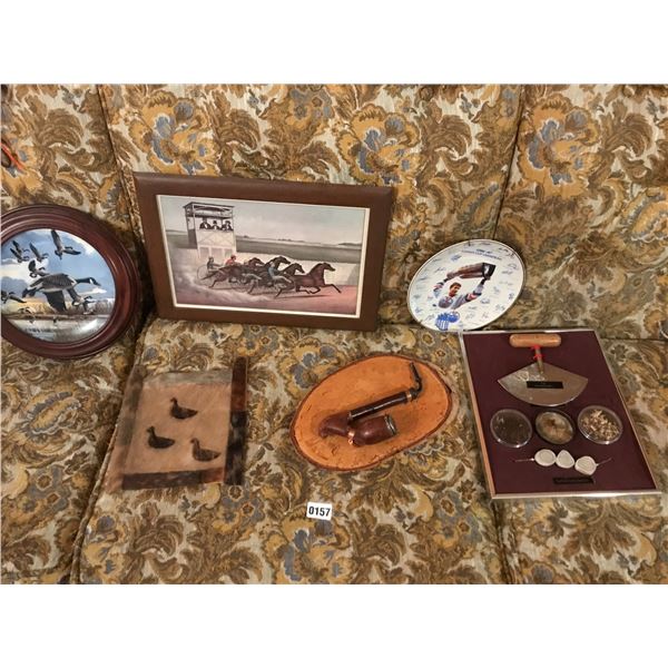 1986-87 Stanley Cup Plate, Fur Wall Hanging, Antique Pipe, Caribou Antler Jewellery & Inuit Knife Et