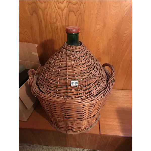 Massive Viresa Green Glass Bottle Demijohn Woven Wicker Encased Wine Bottle Vessel