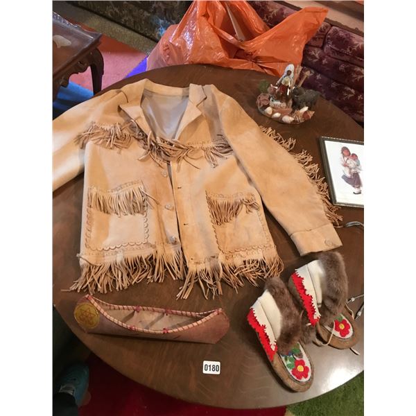 Moccasins, Bark Canoe, Aboriginal Picture, Sculpture & Suede Jacket