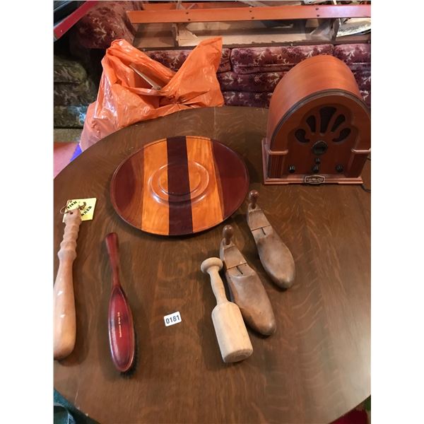 Welco Collectors Edition Radio, Wooden Platter, Wood Fish Boner, & Vintage Shoe Stretcher