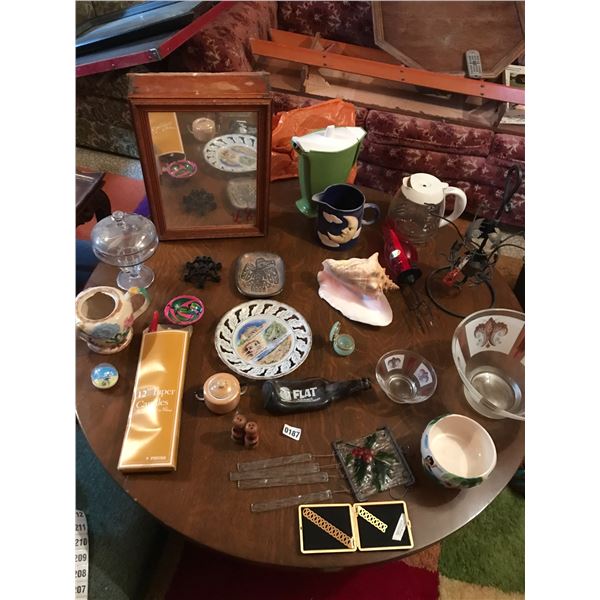 Mirror Cabinet, Conch Shell, Wind Chime & Assorted Glassware & China