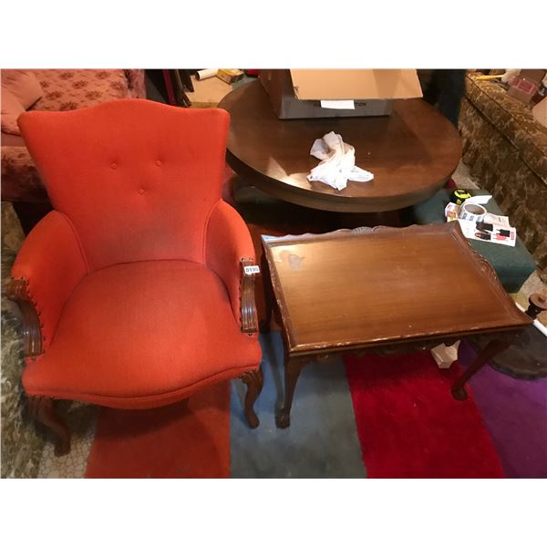 Mid Century Modern Upholstered Orange Chair Green Chair & Wood Table