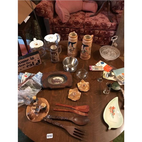 Japanese Porcelain Beer Steins, 2 Coffee Pots, Wooden Salad Spoons, Vintage Maps & Home Decor Etc.