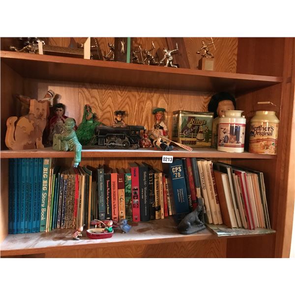 Dolls, Wood Cat Puzzle, Asian Figurine, Tins & Mini Steam Engine Etc.