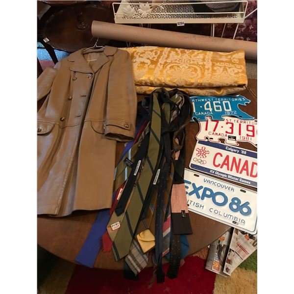 Ladies Vintage Leather Coat, 4 License Plates, Gold Tablecloth & Vintage Ponoka Map