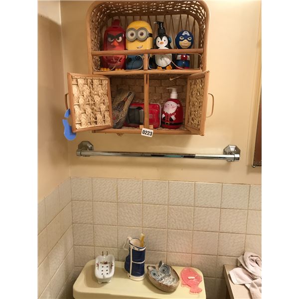 Rattan Wall Rack, Assorted Soap Dishes & Dispensers