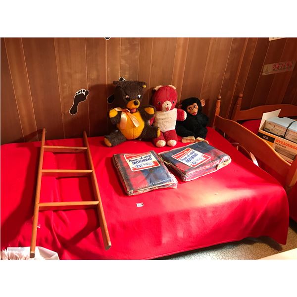 Two Wooden Beds with Wood Ladder and 3 Vintage Stuffed Animals