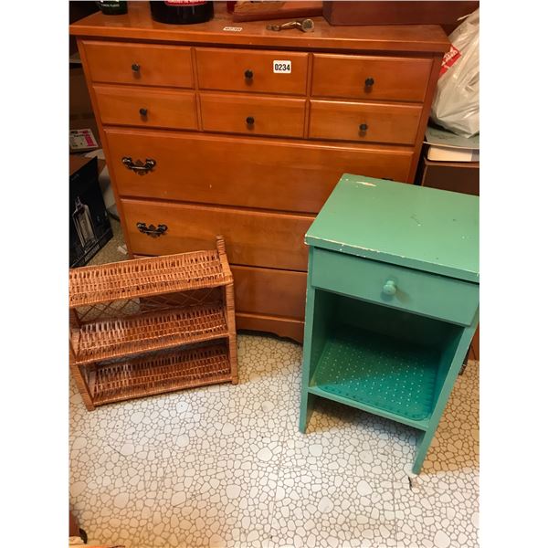 Wood 4 Drawer Dresser, Wood Side Table w 1 Drawer & Wicker Wall Shelf