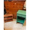 Image 1 : Wood 4 Drawer Dresser, Wood Side Table w 1 Drawer & Wicker Wall Shelf