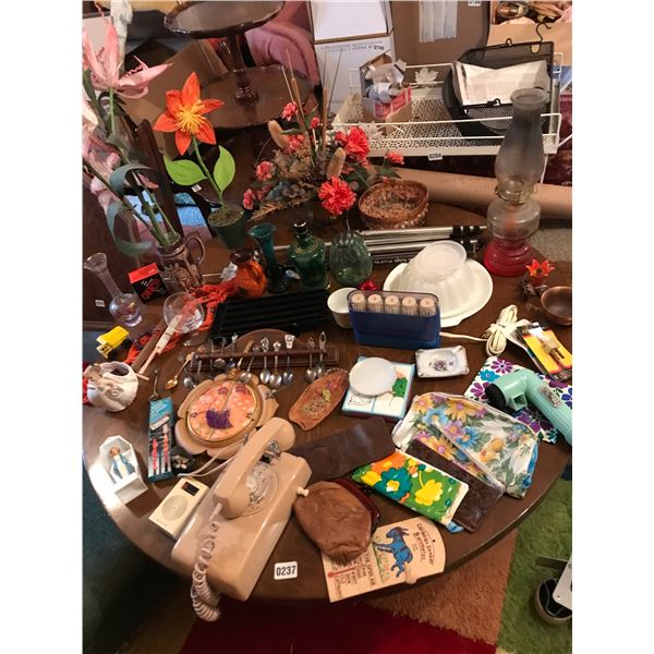 Teaspoons, Vintage Wall Phone , Oil Lamp, Blue Mountain Vase, Beer Stein, 1961 Ruben's Figurine & As