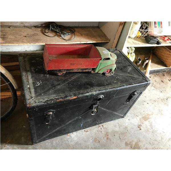 Antique Toy All Metal Dump Truck & Metal Steamer Trunk