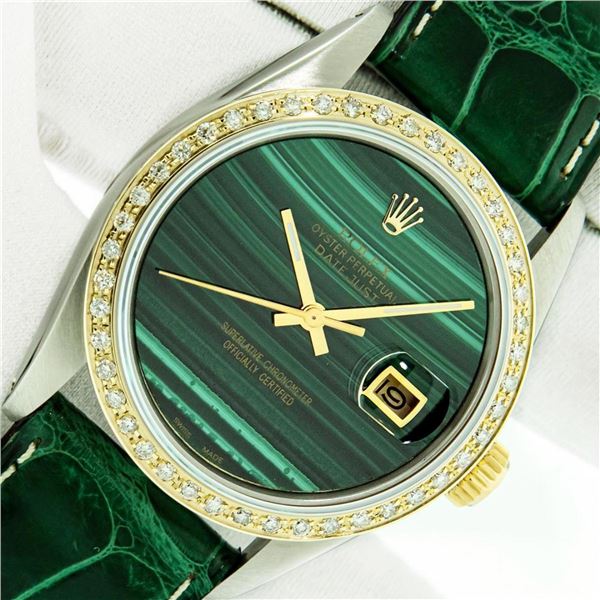 Rolex Datejust Mens 36 Green Malachite Diamond Bezel 18K/SS Oyster Perpetual