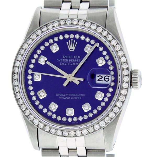 Rolex Mens Stainless Steel Blue String Diamond 36MM Oyster Perpetual Datejust Wr