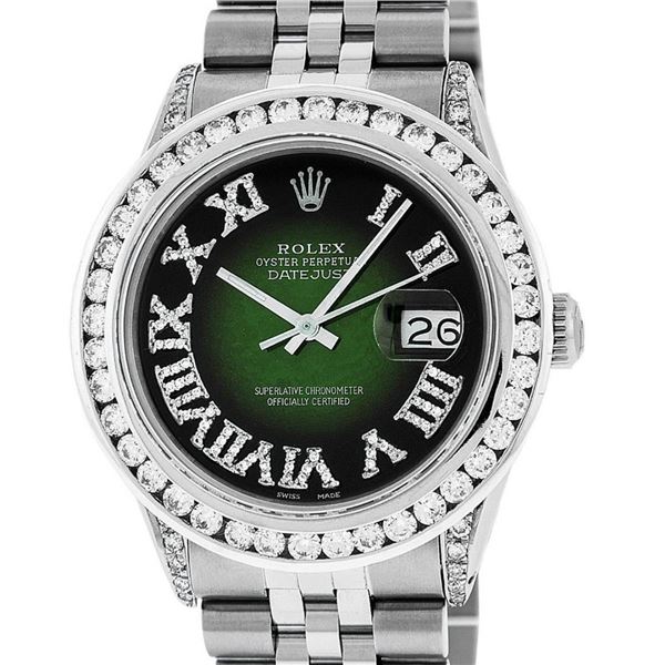 Rolex Mens Stainless Steel 3 ctw Green Vignette Roman Diamond Datejust Wristwatc