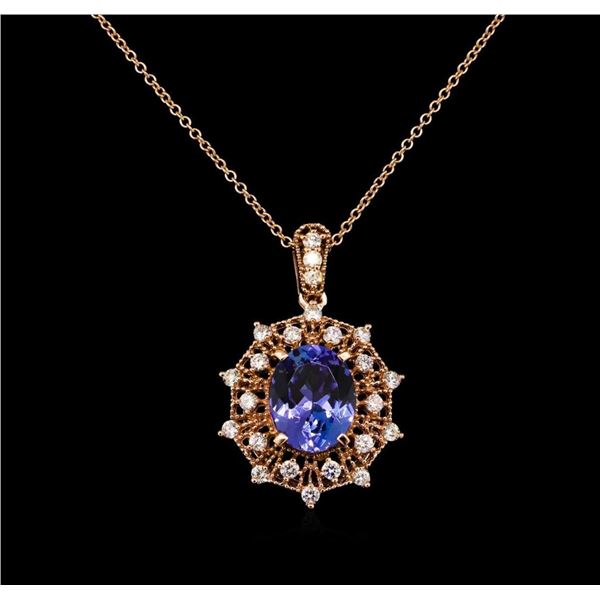 3.95 ctw Tanzanite and Diamond Pendant With Chain - 14KT Rose Gold