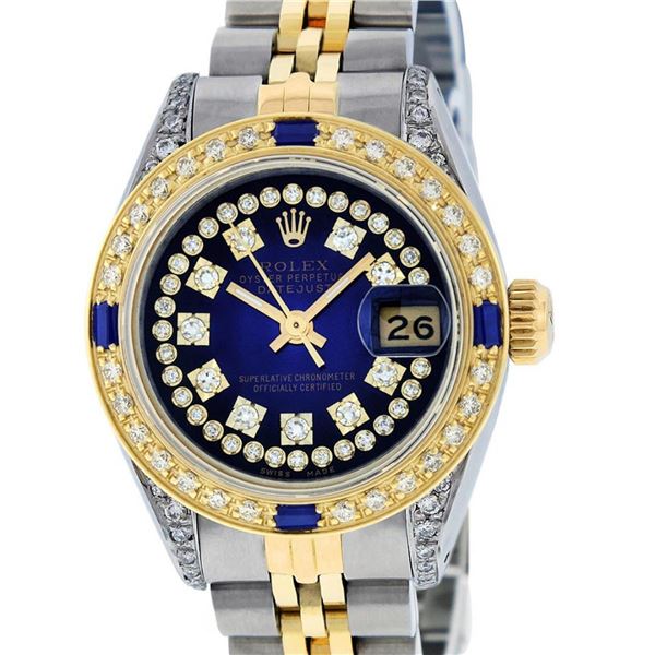 Rolex Ladies Yellow Gold Stainless Steel Blue String Diamond Lugs Datejust Servi