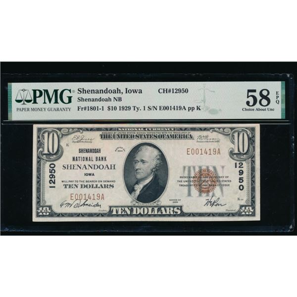 1929 $10 Shenandoah IA National PMG 58EPQ