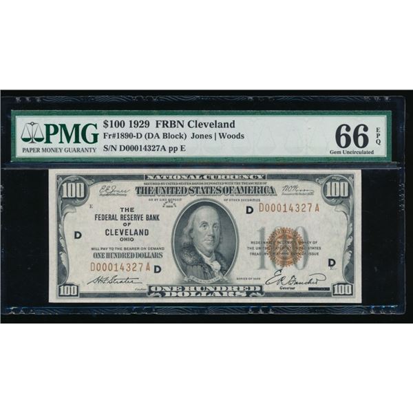 1929 $100 Cleveland FRBN PMG 66EPQ