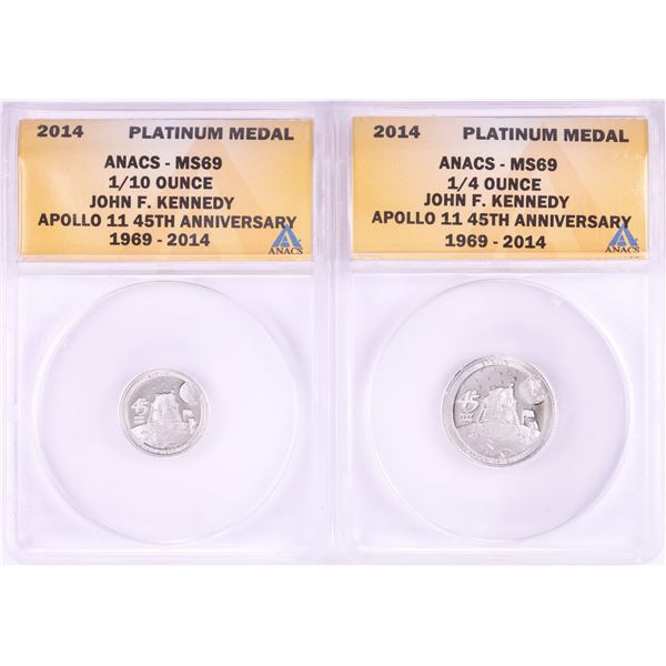 Set of 2014 Proof 1/10 & 1/4 oz Platinum JFK Apollo 11 Anniversary Medals ANACS MS69