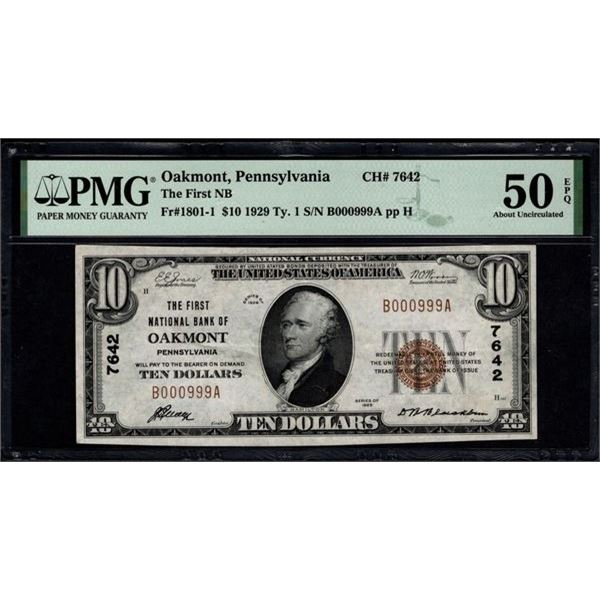 1929 $10 Oakmont PA National PMG 50EPQ