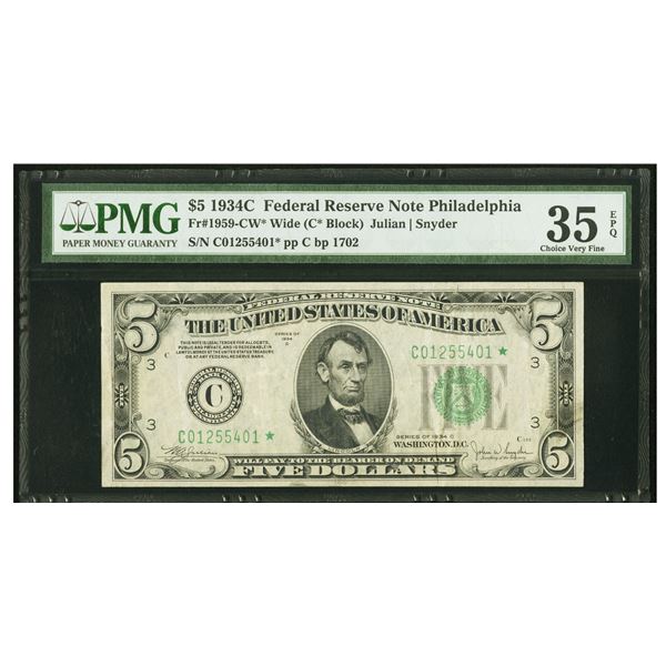 1934C $5 STAR Philadelphia FRN PMG 35EPQ