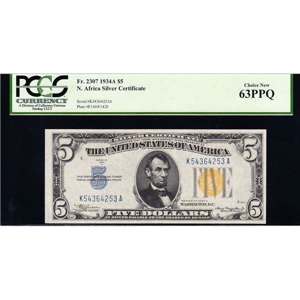 1934A $5 N Africa Silver Certificate PCGS 63PPQ