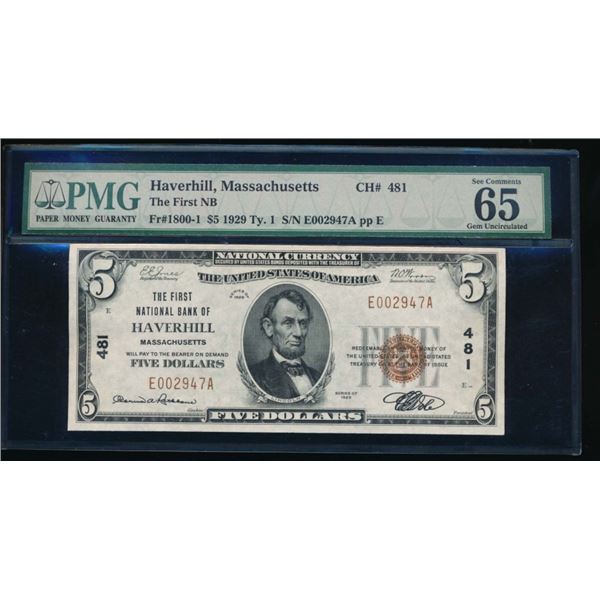 1929 $5 Haverhill MA National PMG 65EPQ