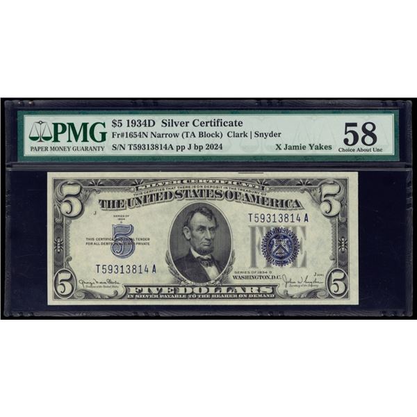 1934D $5 Silver Certificate PMG 58