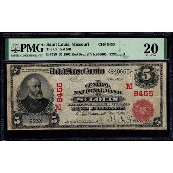 1902 $5 Red Seal St Louis MO National PMG 20