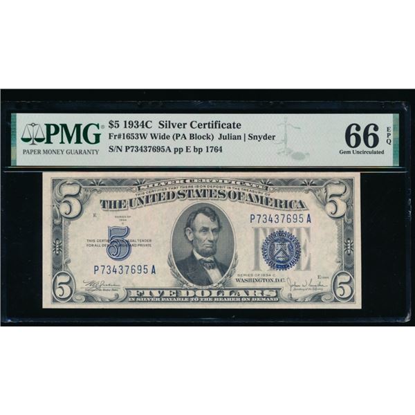 1934C $5 Silver Certificate PMG 66EPQ