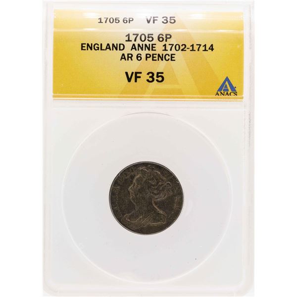 1705 England Anne AR 6 Pence ANACS VF35