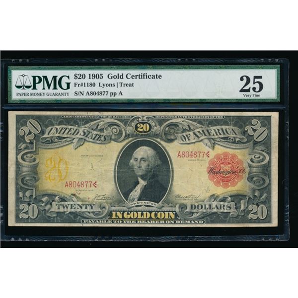 1905 $20 Technicolor Gold Certificate PMG 25