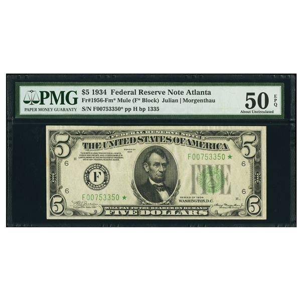 1934 $5 STAR Mule Atlanta FRN PMG 50EPQ